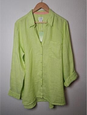 Sigrid Olsen Lime Green Linen Long Sleeve Button Up Shirt Womens Size XL